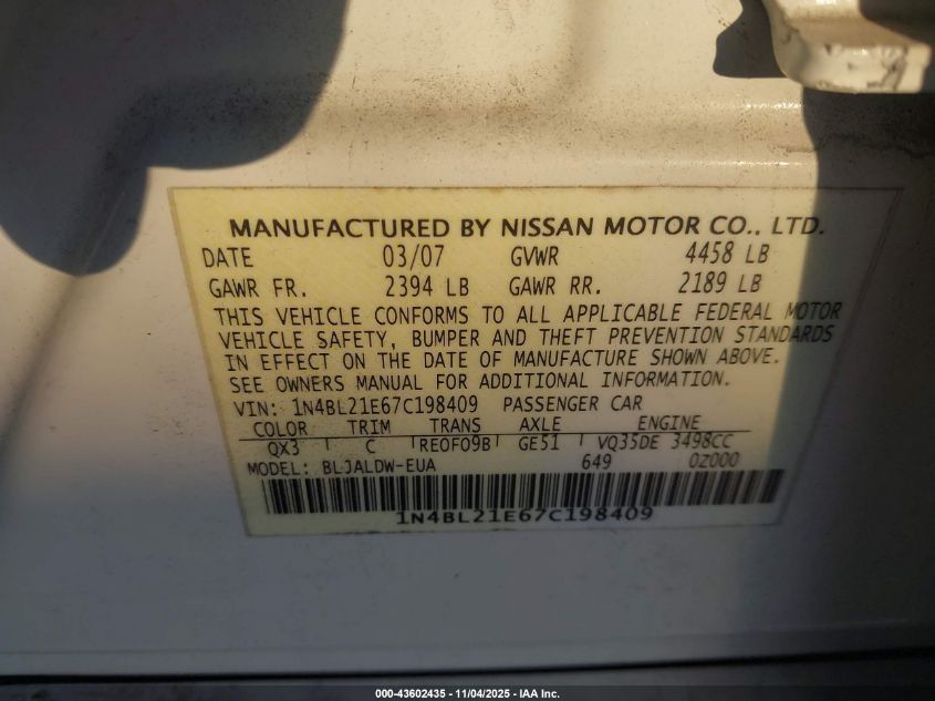 2007 Nissan Altima 3.5 Se VIN: 1N4BL21E67C198409 Lot: 43602435
