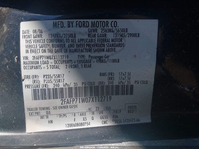 2007 Ford Crown Victoria Police/Police Interceptor VIN: 2FAFP71W07X112719 Lot: 43602436