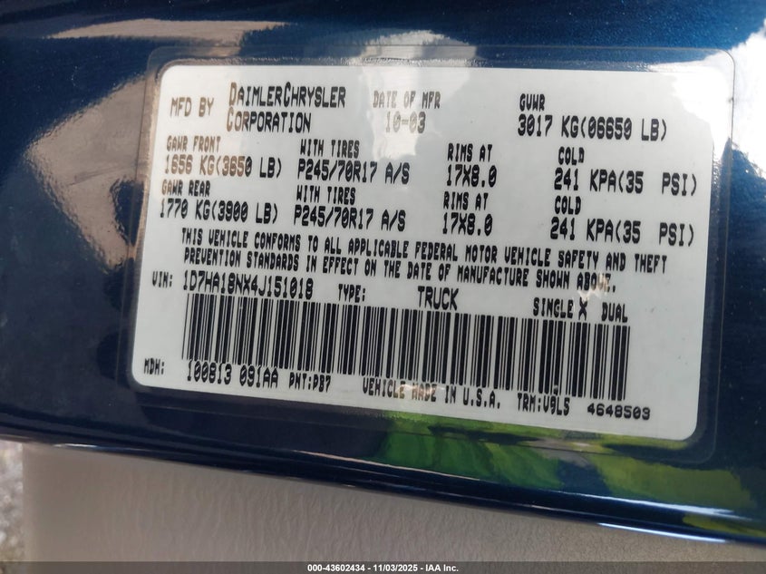 2004 Dodge Ram 1500 Slt/Laramie VIN: 1D7HA18NX4J151018 Lot: 43602434