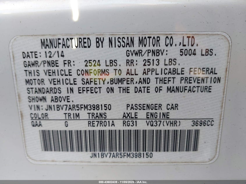 2015 INFINITI Q50 PREMIUM/SPORT - JN1BV7AR5FM398150