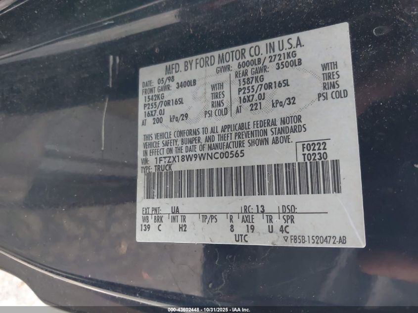 1998 Ford F-150 Lariat/Standard/Xl/Xlt VIN: 1FTZX18W9WNC00565 Lot: 43602448