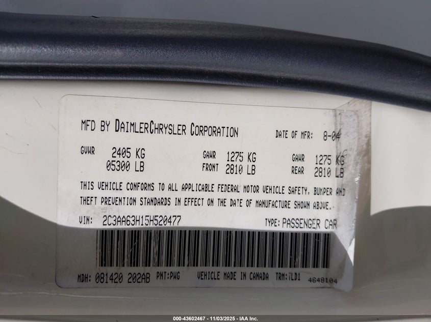 2005 Chrysler 300C VIN: 2C3AA63H15H520477 Lot: 43602467