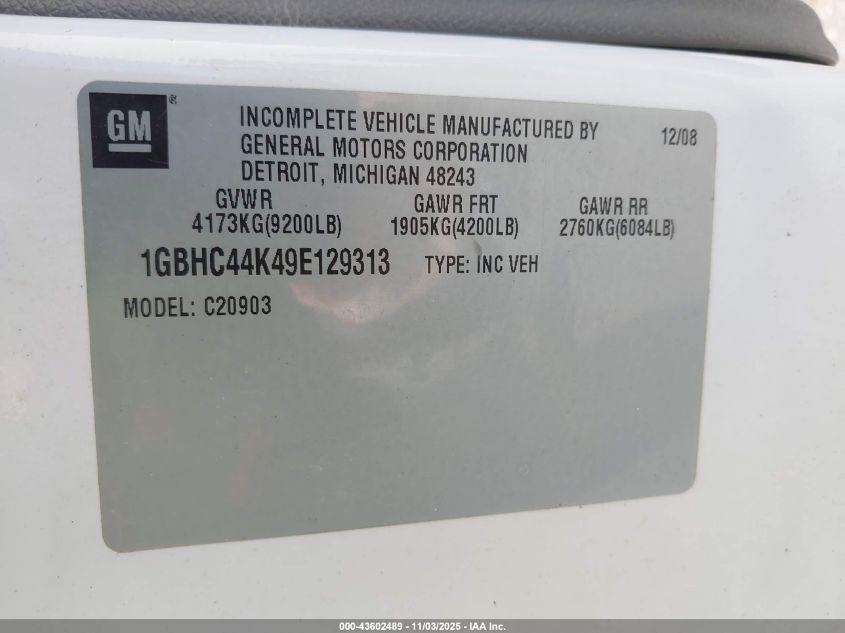 2009 Chevrolet Silverado 2500Hd Work Truck VIN: 1GBHC44K49E129313 Lot: 43602489