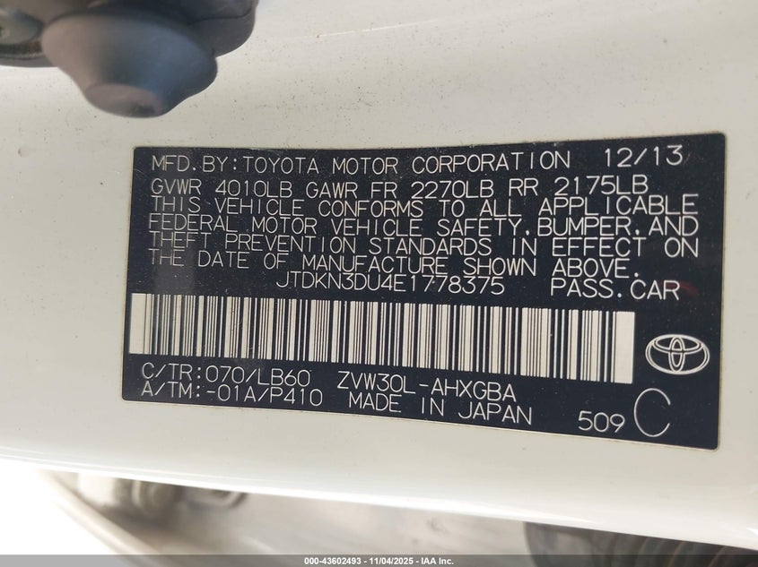 2014 TOYOTA PRIUS FOUR JTDKN3DU4E1778375