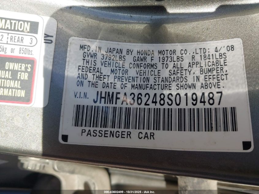 2008 Honda Civic Hybrid VIN: JHMFA36248S019487 Lot: 43602499