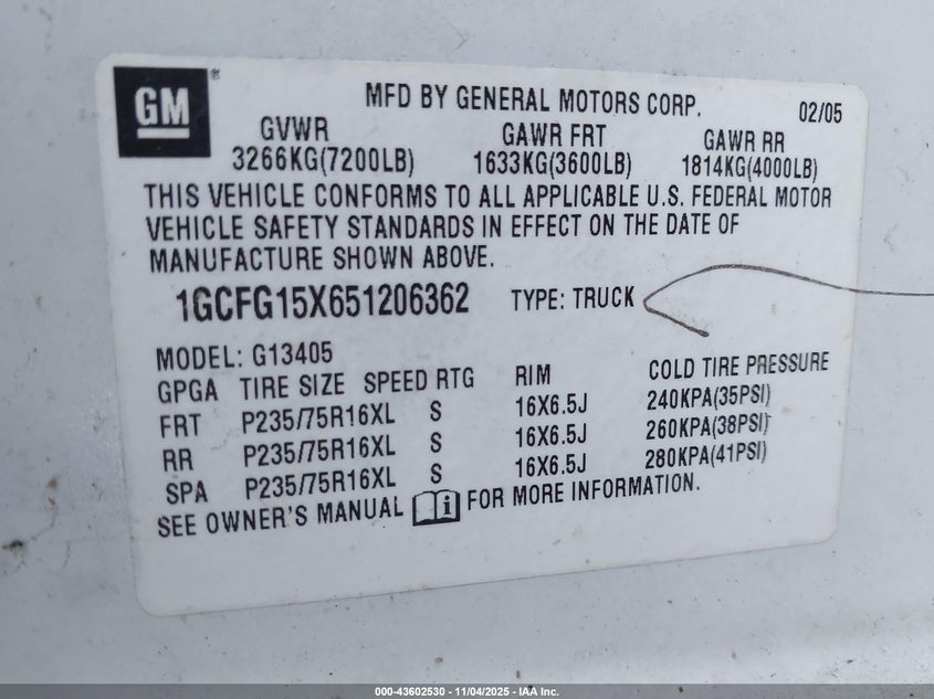 2005 Chevrolet Express VIN: 1GCFG15X651206362 Lot: 43602530
