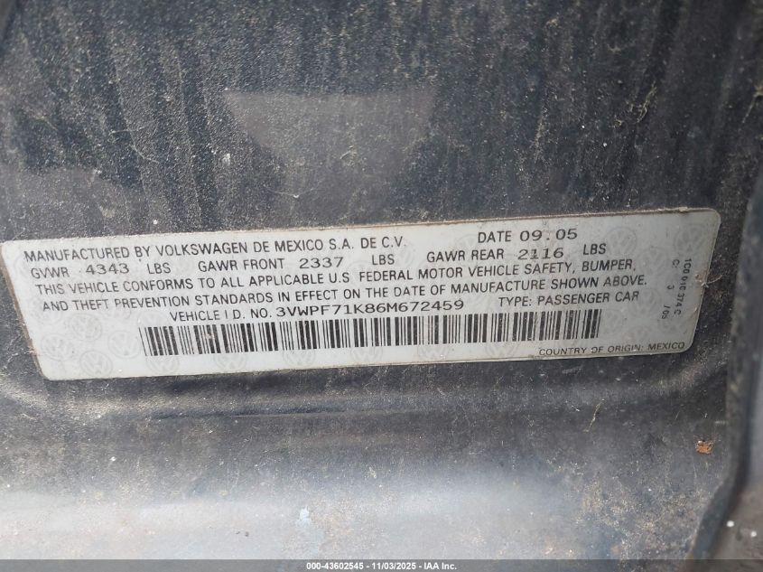 2006 Volkswagen Jetta Value Edition VIN: 3VWPF71K86M672459 Lot: 43602545