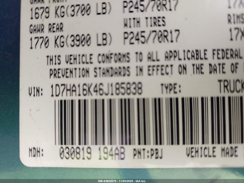 2006 Dodge Ram 1500 St VIN: 1D7HA16K46J185838 Lot: 43602570
