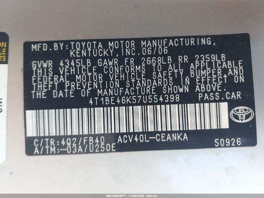2007 Toyota Camry Le VIN: 4T1BE46K57U554398 Lot: 43602577