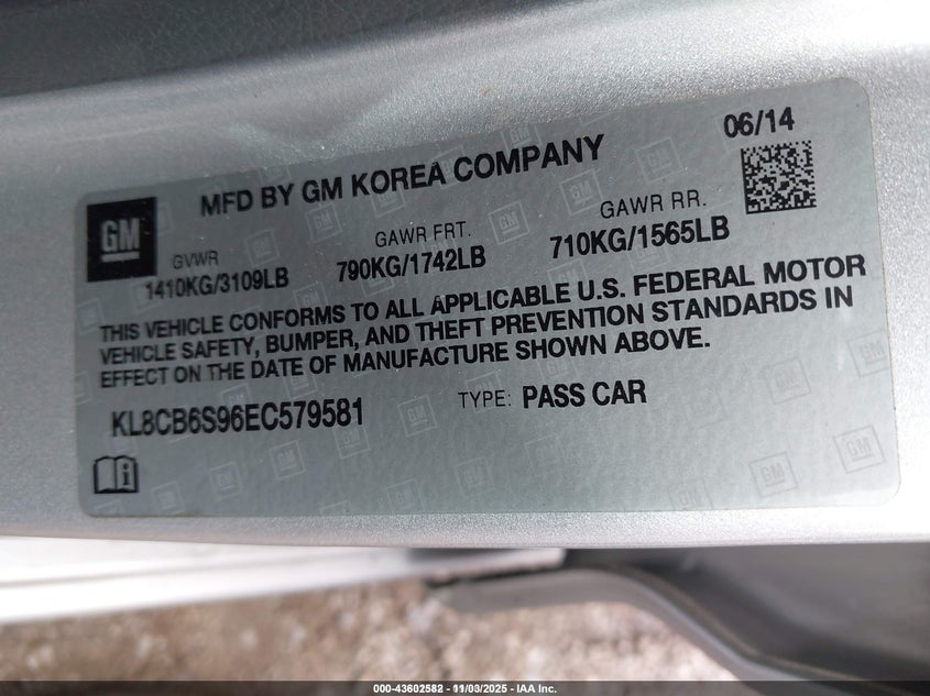 2014 Chevrolet Spark Ls Auto VIN: KL8CB6S96EC579581 Lot: 43602582