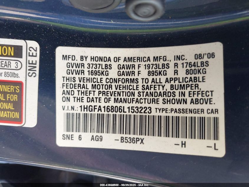 2006 Honda Civic Ex VIN: 1HGFA16806L153223 Lot: 43602588