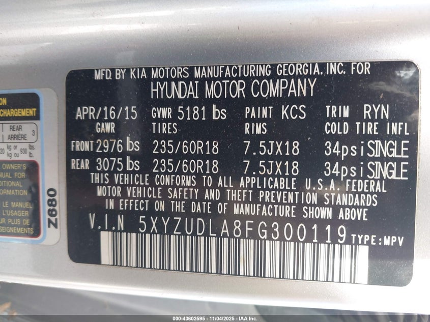 2015 HYUNDAI SANTA FE SPORT 2.0L TURBO - 5XYZUDLA8FG300119