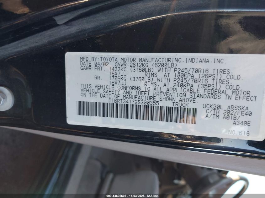 2002 Toyota Tundra Sr5 V8 VIN: 5TBRT34172S300355 Lot: 43602603