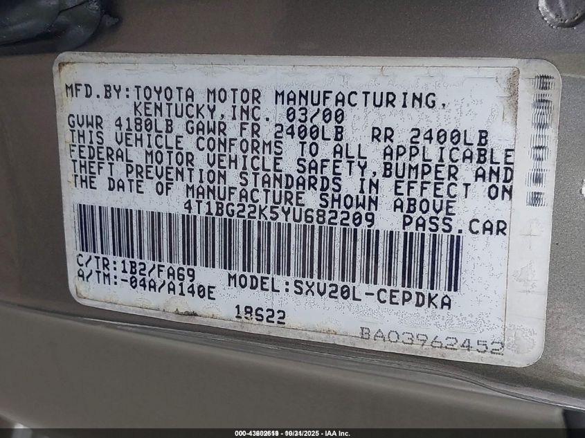 2000 Toyota Camry Ce VIN: 4T1BG22K5YU682209 Lot: 43602619