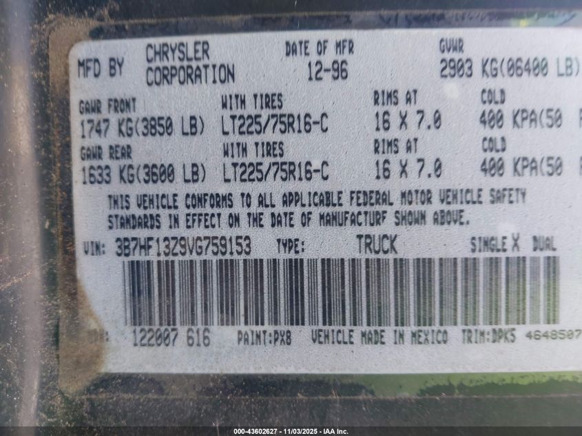 1997 Dodge Ram 1500 St VIN: 3B7HF13Z9VG759153 Lot: 43602627