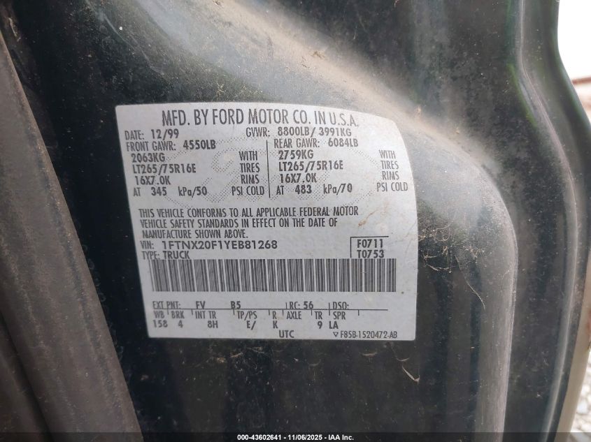 2000 Ford F-250 Lariat/Xl/Xlt VIN: 1FTNX20F1YEB81268 Lot: 43602641