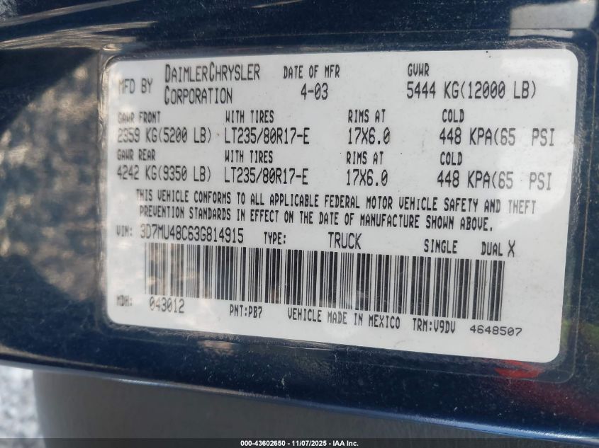 2003 Dodge Ram 3500 Slt/Laramie/St VIN: 3D7MU48C63G814915 Lot: 43602650