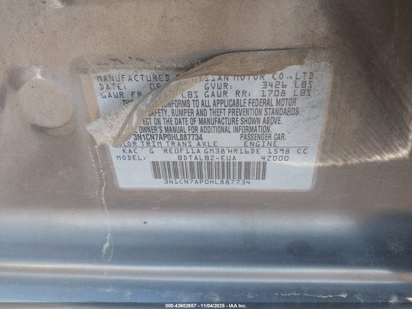 2017 NISSAN VERSA 1.6 SV 3N1CN7AP0HL887734