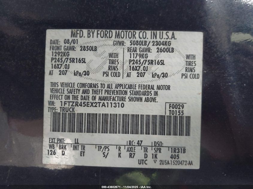 2002 Ford Ranger Edge/Xlt VIN: 1FTZR45EX2TA11310 Lot: 43602671