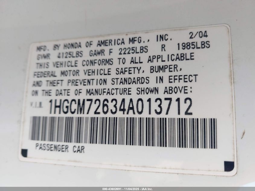 2004 Honda Accord 2.4 Ex VIN: 1HGCM72634A013712 Lot: 43602691
