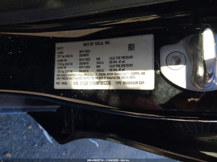 2021 Tesla Model 3 Standard Range Plus Rear-Wheel Drive VIN: 5YJ3E1EA6MF985336 Lot: 43602714