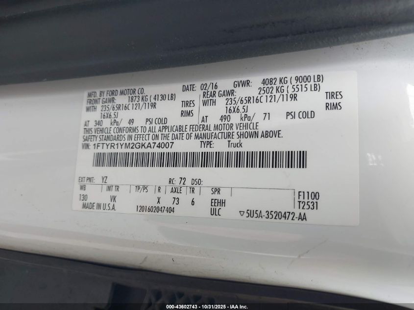 2016 Ford Transit-250 VIN: 1FTYR1YM2GKA74007 Lot: 43602743