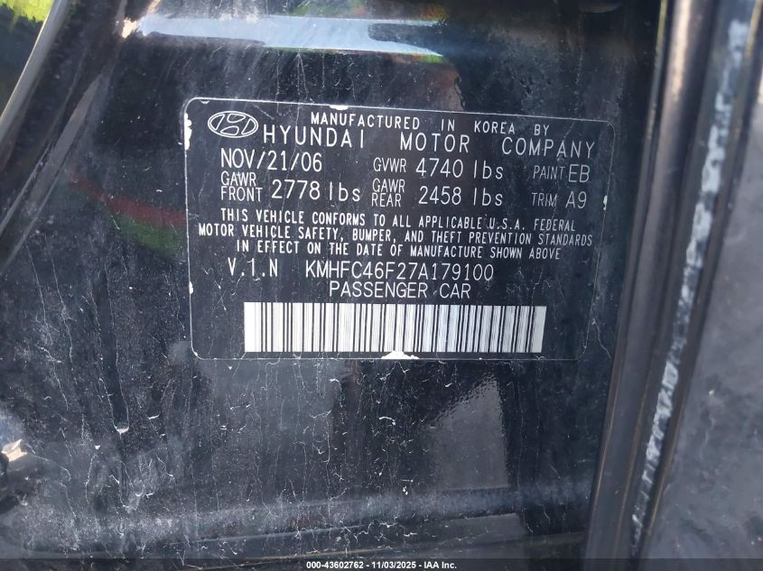 2007 Hyundai Azera Limited/Se VIN: KMHFC46F27A179100 Lot: 43602762