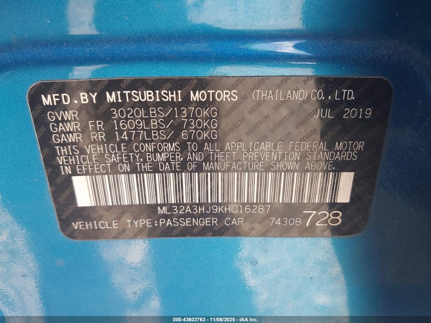 2019 MITSUBISHI MIRAGE ES - ML32A3HJ9KH016287