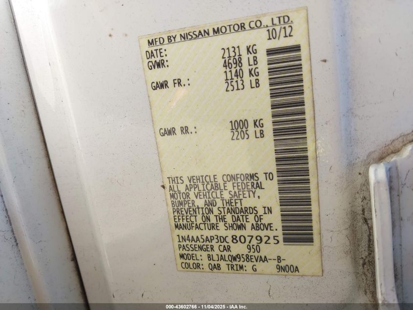 2013 Nissan Maxima 3.5 S VIN: 1N4AA5AP3DC807925 Lot: 43602766