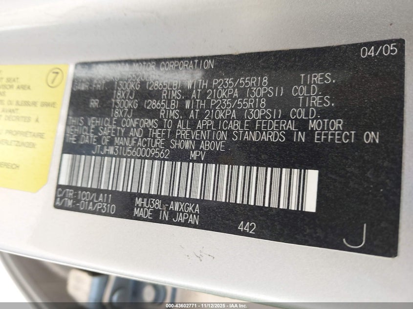 2006 Lexus Rx 400H VIN: JTJHW31U560009562 Lot: 43602771