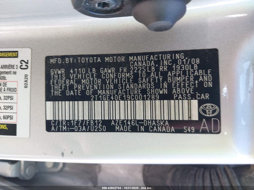 2009 Toyota Matrix Xrs VIN: 2T1GE40E19C001289 Lot: 43602784