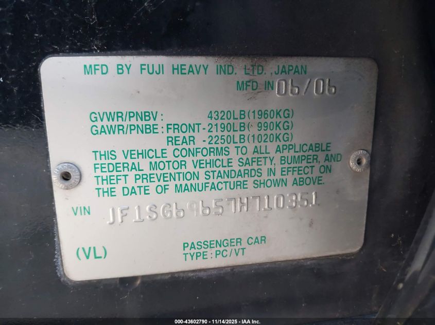 2007 Subaru Forester 2.5Xt Limited VIN: JF1SG69657H710351 Lot: 43602790