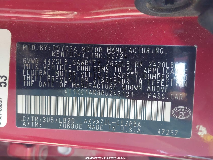 2024 TOYOTA CAMRY XSE - 4T1K61AK8RU242131