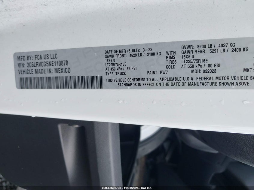 2022 RAM PROMASTER 2500 HIGH ROOF 136 WB 3C6LRVCG5NE110878