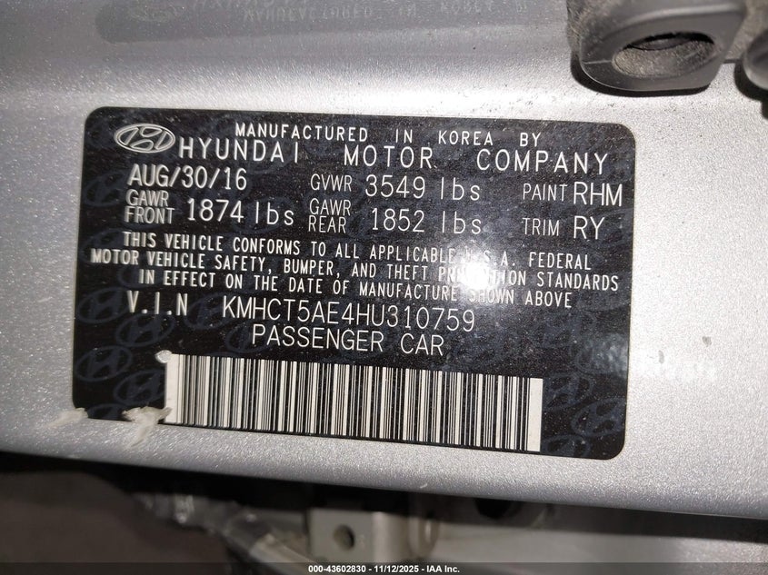 2017 HYUNDAI ACCENT SE KMHCT5AE4HU310759