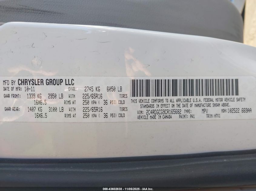 2012 Dodge Grand Caravan Sxt VIN: 2C4RDGCG9CR165682 Lot: 43602838