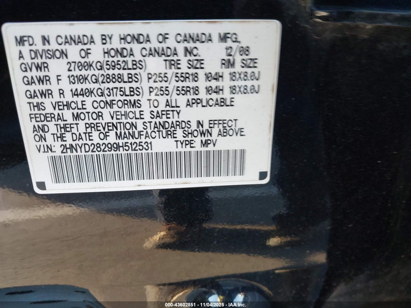 2009 Acura Mdx VIN: 2HNYD28299H512531 Lot: 43602851