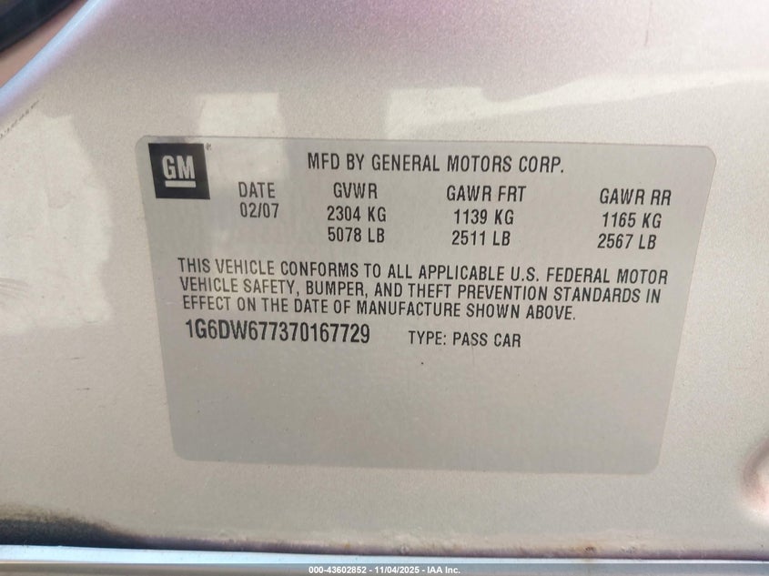 2007 Cadillac Sts V6 VIN: 1G6DW677370167729 Lot: 43602852