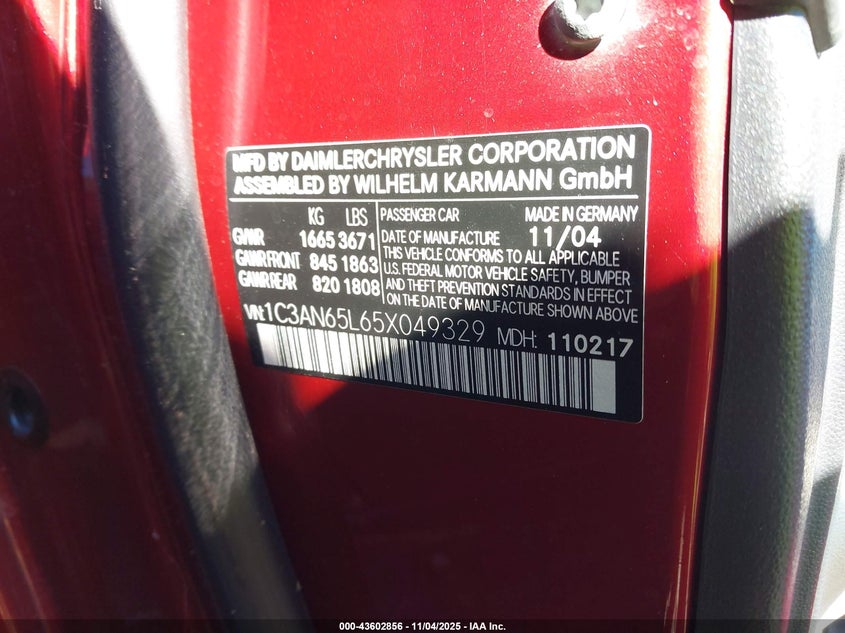 2005 Chrysler Crossfire Limited VIN: 1C3AN65L65X049329 Lot: 43602856