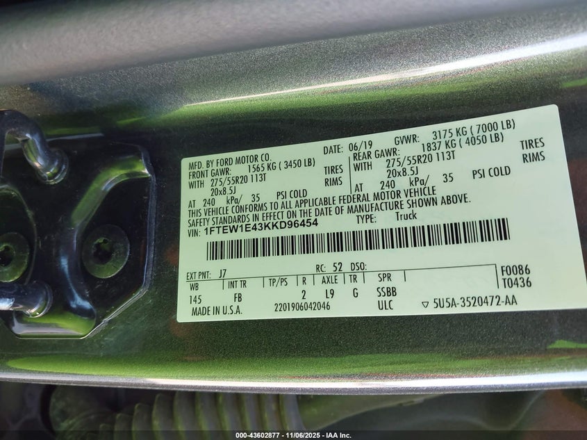 2019 Ford F-150 Xlt VIN: 1FTEW1E43KKD96454 Lot: 43602877