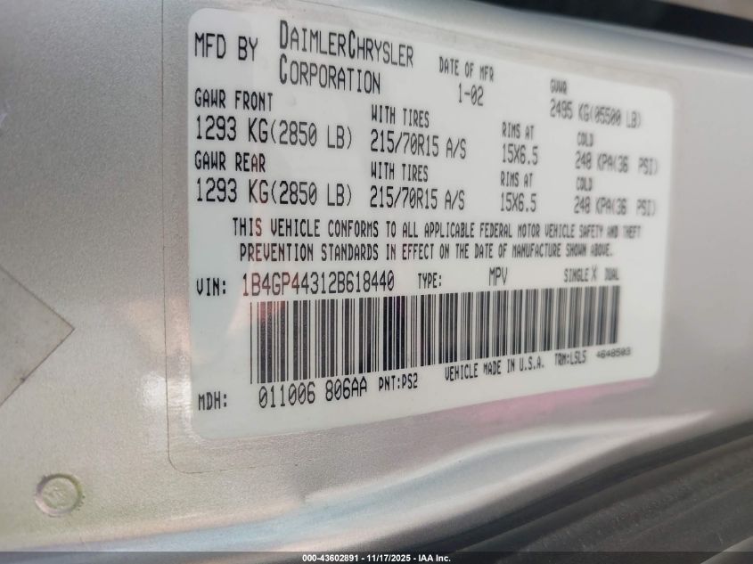 2002 Dodge Grand Caravan Sport VIN: 1B4GP44312B618440 Lot: 43602891