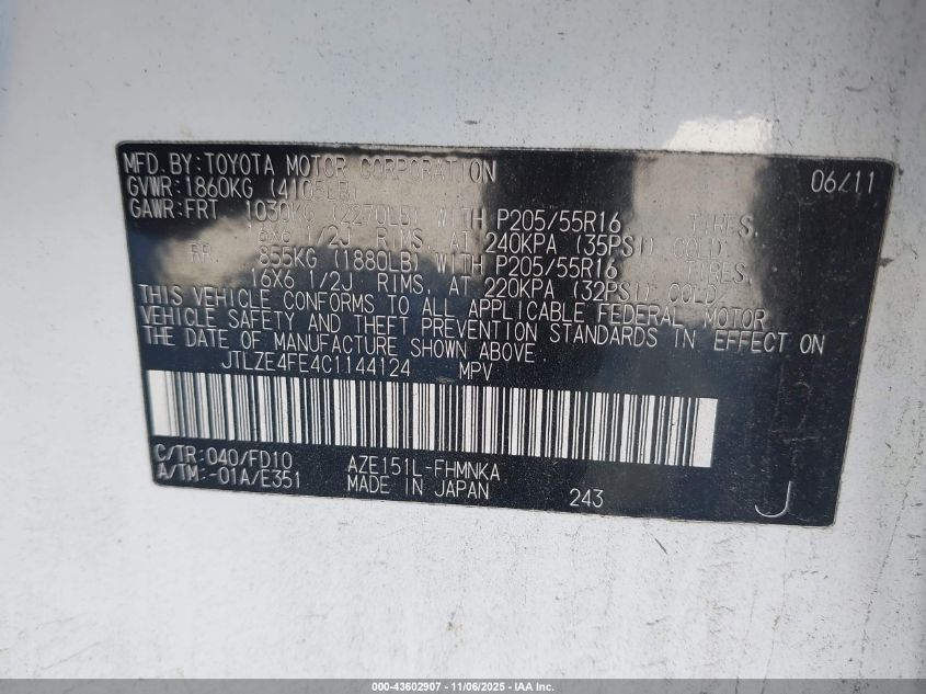 2012 Scion Xb VIN: JTLZE4FE4C1144124 Lot: 43602907