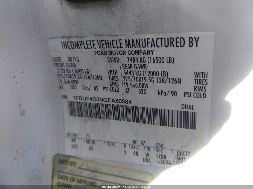 2016 Ford F-450 Chassis Xl VIN: 1FDUF4GT9GEA60584 Lot: 43602921