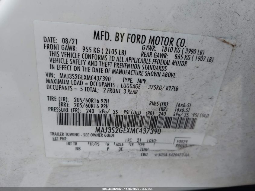2021 Ford Ecosport Se VIN: MAJ3S2GEXMC437390 Lot: 43602932