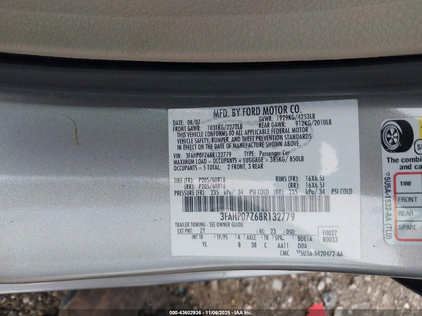 2008 Ford Fusion Se VIN: 3FAHP07Z68R132779 Lot: 43602936