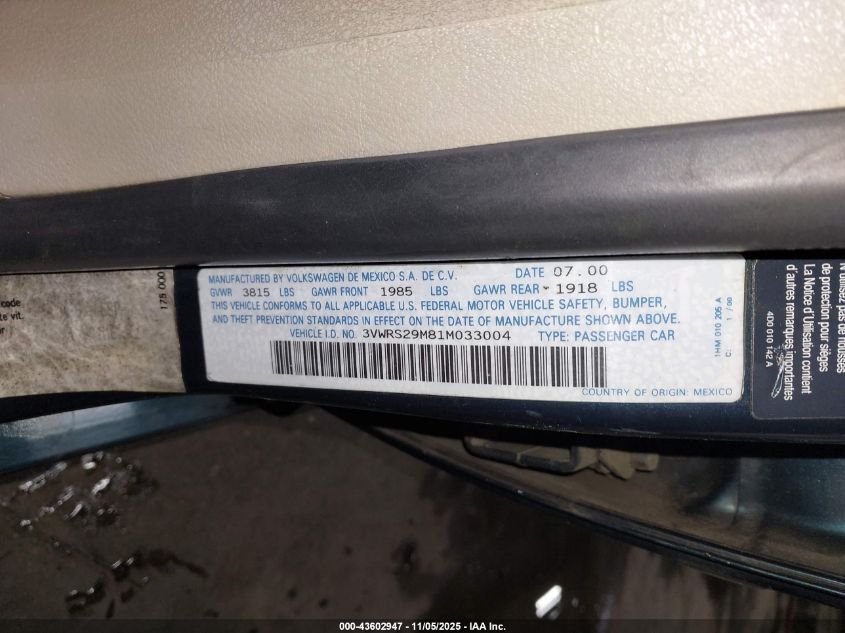 2001 Volkswagen Jetta Gl VIN: 3VWRS29M81M033004 Lot: 43602947