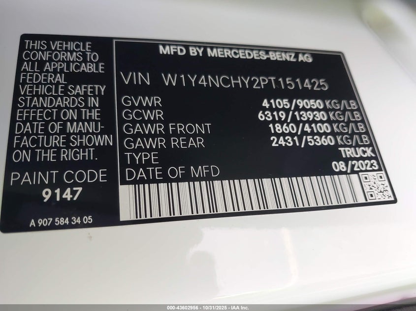 2023 Mercedes-Benz Sprinter 2500 High Roof 4-Cyl Diesel Ho VIN: W1Y4NCHY2PT151425 Lot: 43602956
