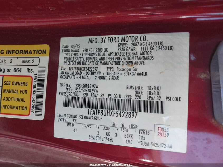 2015 FORD MUSTANG ECOBOOST PREMIUM - 1FATP8UHXF5422897