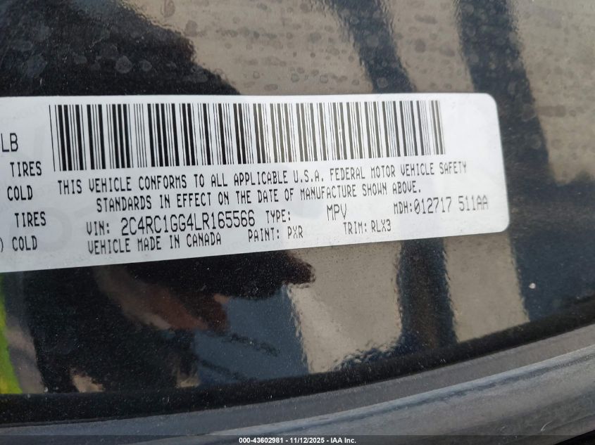 2020 Chrysler Pacifica Limited VIN: 2C4RC1GG4LR165566 Lot: 43602981