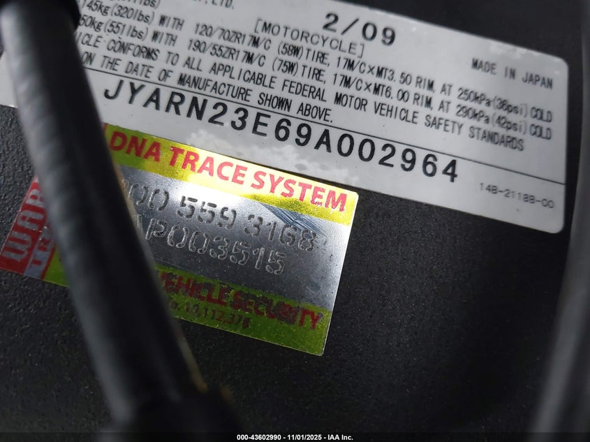 2009 Yamaha Yzfr1 VIN: JYARN23E69A002964 Lot: 43602990